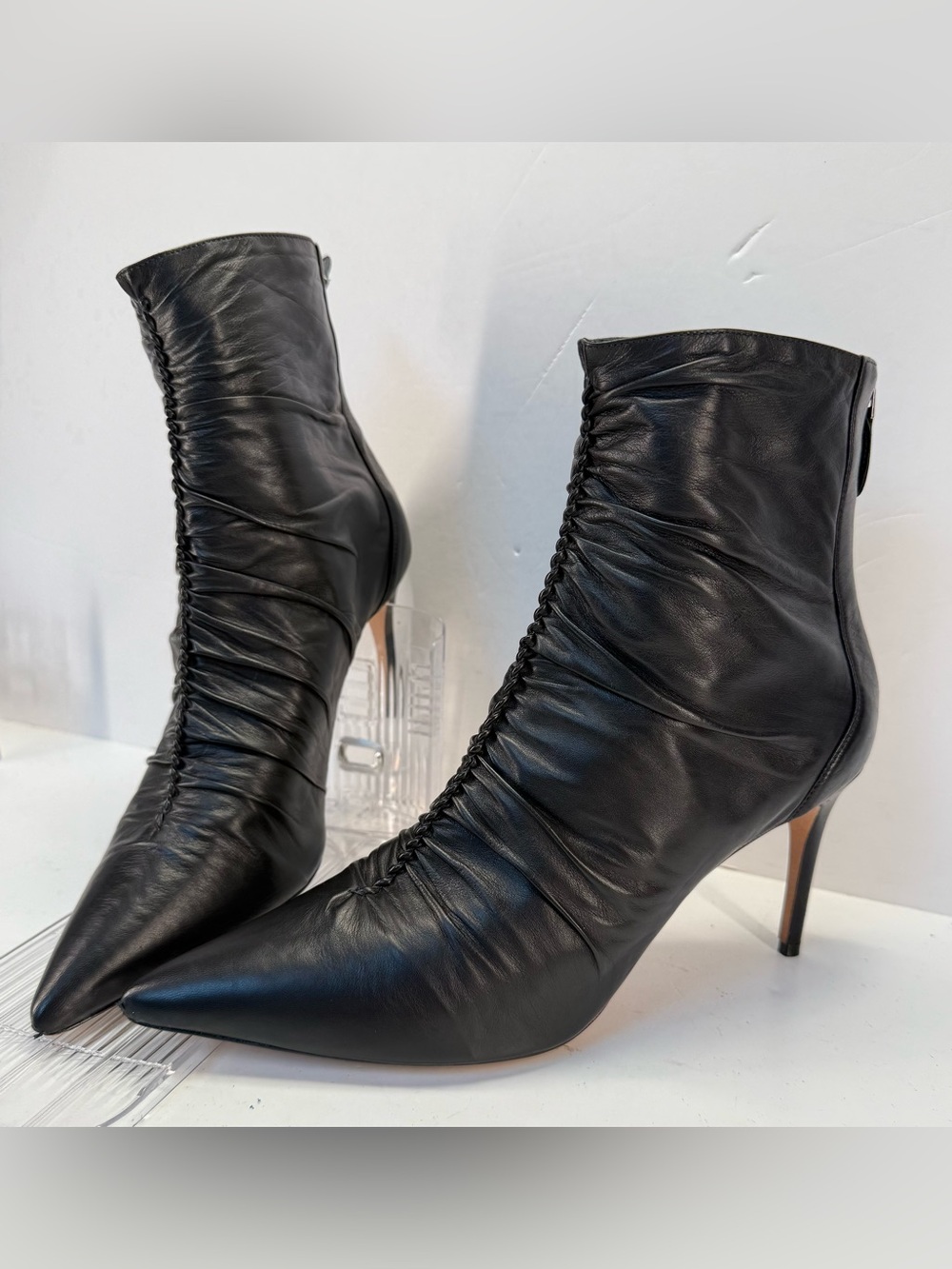 Alexandre Birman Black Ruched Pointed-Toe Stiletto Ankle Boots women’s size 9.5